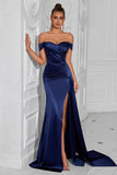 Dark Green Mermaid Off the Shoulder Ruched Maxi Prom Dress with Slit