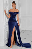 Dark Green Mermaid Off the Shoulder Ruched Maxi Prom Dress with Slit