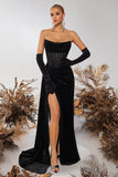 Black Corset Velvet Sheath Strapless Ruched Long Prom Dress with Slit