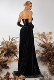 Black Corset Velvet Sheath Strapless Ruched Long Prom Dress with Slit