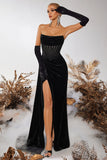 Black Corset Velvet Sheath Strapless Ruched Long Prom Dress with Slit