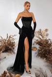 Black Corset Velvet Sheath Strapless Ruched Long Prom Dress with Slit