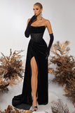 Black Corset Velvet Sheath Strapless Ruched Long Prom Dress with Slit