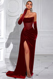 Black Corset Velvet Sheath Strapless Ruched Long Prom Dress with Slit