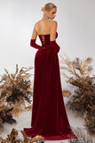 Black Corset Velvet Sheath Strapless Ruched Long Prom Dress with Slit
