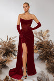 Black Corset Velvet Sheath Strapless Ruched Long Prom Dress with Slit