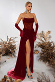 Black Corset Velvet Sheath Strapless Ruched Long Prom Dress with Slit
