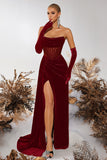 Black Corset Velvet Sheath Strapless Ruched Long Prom Dress with Slit