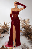Black Corset Velvet Sheath Strapless Ruched Long Prom Dress with Slit