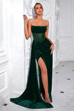 Black Corset Velvet Sheath Strapless Ruched Long Prom Dress with Slit