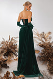 Black Corset Velvet Sheath Strapless Ruched Long Prom Dress with Slit