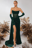 Black Corset Velvet Sheath Strapless Ruched Long Prom Dress with Slit