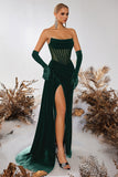 Black Corset Velvet Sheath Strapless Ruched Long Prom Dress with Slit