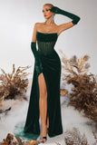 Black Corset Velvet Sheath Strapless Ruched Long Prom Dress with Slit