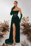 Black Corset Velvet Sheath Strapless Ruched Long Prom Dress with Slit