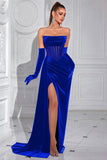 Black Corset Velvet Sheath Strapless Ruched Long Prom Dress with Slit
