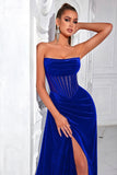 Black Corset Velvet Sheath Strapless Ruched Long Prom Dress with Slit