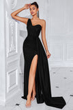 Black Mermaid Ruched One Shoulder Long Prom Dress with Slit