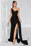 Black Mermaid Ruched One Shoulder Long Prom Dress with Slit