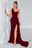 Black Mermaid Ruched One Shoulder Long Prom Dress with Slit