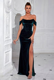 Dark Green Corset Mermaid Velvet Off the Shoulder Long Prom Dress with Slit