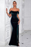 Dark Green Corset Mermaid Velvet Off the Shoulder Long Prom Dress with Slit