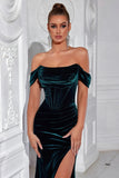 Dark Green Corset Mermaid Velvet Off the Shoulder Long Prom Dress with Slit