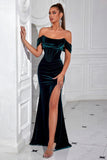 Dark Green Corset Mermaid Velvet Off the Shoulder Long Prom Dress with Slit