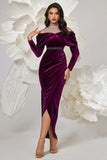 Dark Purple Bodycon High Neck Ruched Long Sleeves Velvet Prom Dress