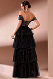 Sparkly Black A Line Tiered Off the Shoulder Maxi Prom Dress with Slit