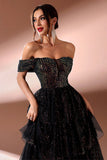 Sparkly Black A Line Tiered Off the Shoulder Maxi Prom Dress with Slit