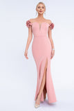 Blush Off the Shoulder Long Mermaid Prom Dress with 3D Flowers
