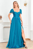 Blue A Line Sweetheart Ruched Sash Maxi Prom Dress with Slit