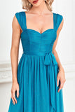 Blue A Line Sweetheart Ruched Sash Maxi Prom Dress with Slit