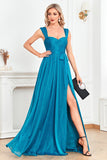 Blue A Line Sweetheart Ruched Sash Maxi Prom Dress with Slit