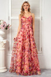 Blush A Line Spaghetti Straps Long Floral Prom Dress with Ruffles