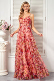 Blush A Line Spaghetti Straps Long Floral Prom Dress with Ruffles