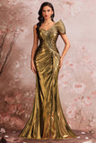 Golden Mermaid One Shoulder Ruched Maxi Metallic Prom Dress with Slit