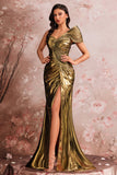 Golden Mermaid One Shoulder Ruched Maxi Metallic Prom Dress with Slit