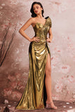 Golden Mermaid One Shoulder Ruched Maxi Metallic Prom Dress with Slit