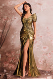 Golden Mermaid One Shoulder Ruched Maxi Metallic Prom Dress with Slit
