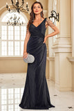 Sparkly Black V-Neck Ruched Maxi Mermaid Prom Dress with Beading