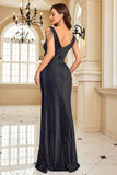 Sparkly Black V-Neck Ruched Maxi Mermaid Prom Dress with Beading