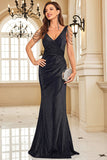 Sparkly Black V-Neck Ruched Maxi Mermaid Prom Dress with Beading