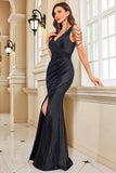 Sparkly Black V-Neck Ruched Maxi Mermaid Prom Dress with Beading