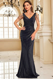 Sparkly Black V-Neck Ruched Maxi Mermaid Prom Dress with Beading