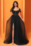 Black A Line Tulle Corset Maxi Prom Dress with Slit