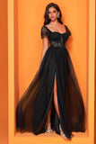 Black A Line Tulle Corset Maxi Prom Dress with Slit