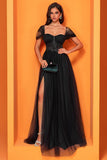 Black A Line Tulle Corset Maxi Prom Dress with Slit