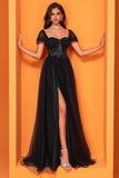 Black A Line Tulle Corset Maxi Prom Dress with Slit